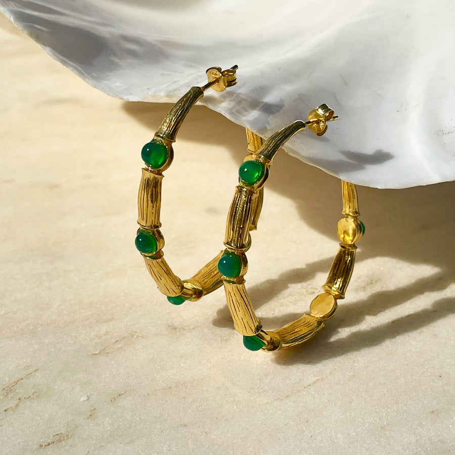 Katerina Psoma gold plated bamboo hoops with green stones