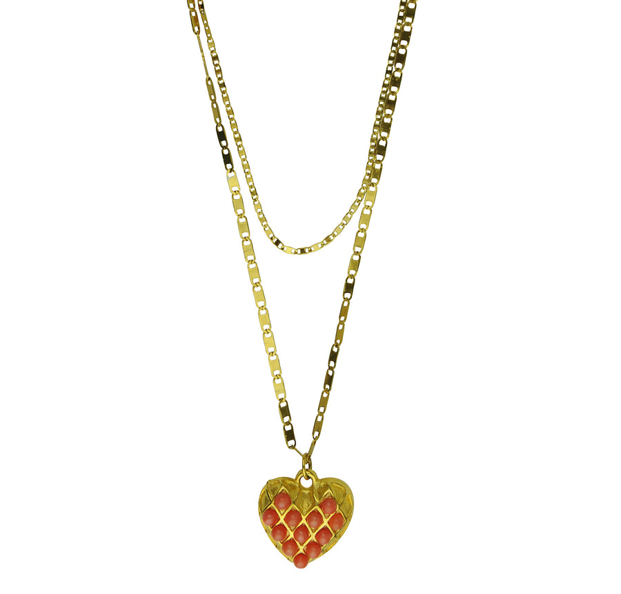 Heart Pendant with gold plated chain and coral cabochons