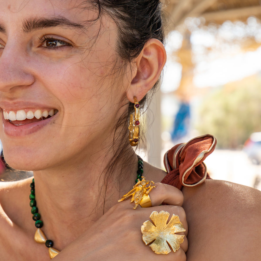 Katerina Psoma Bamboo Hoops with Carnelian gold plated bronze