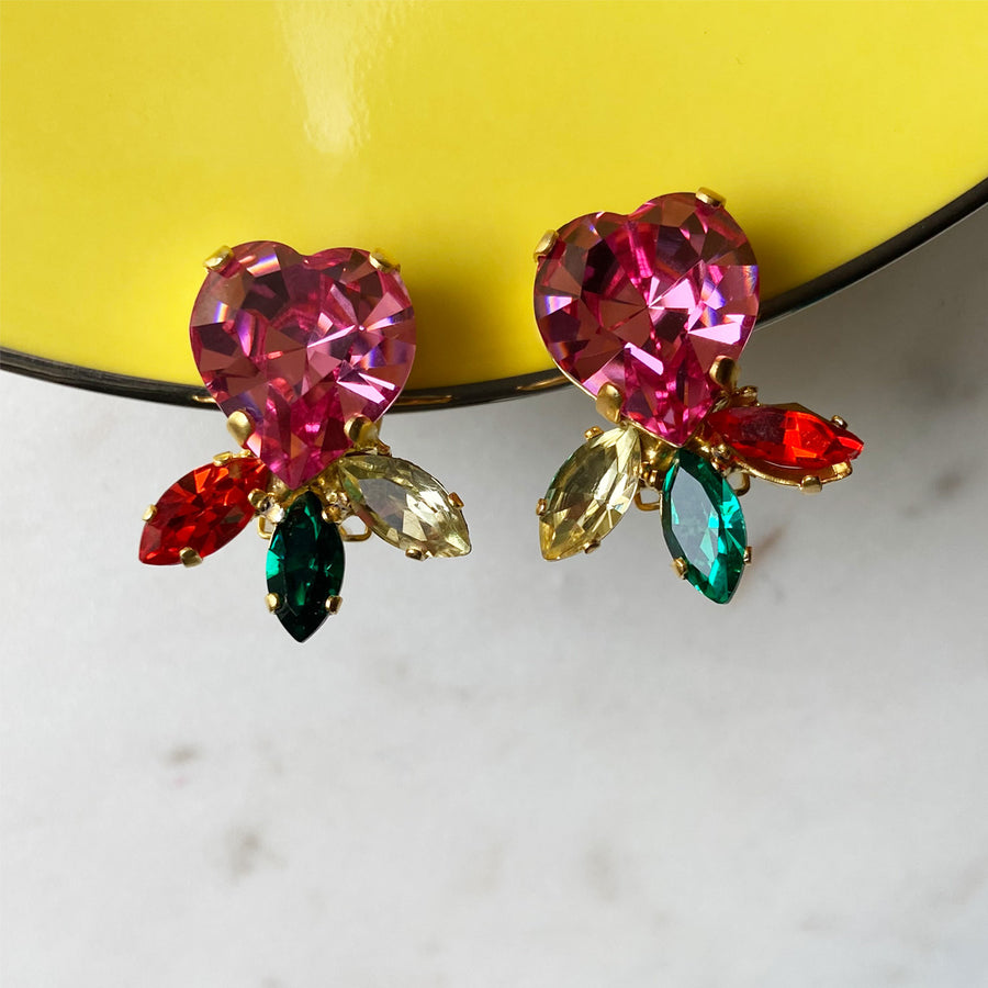Katerina Psoma Fuchsia Heart Crystal Clip Earrings detail costume jewelry
